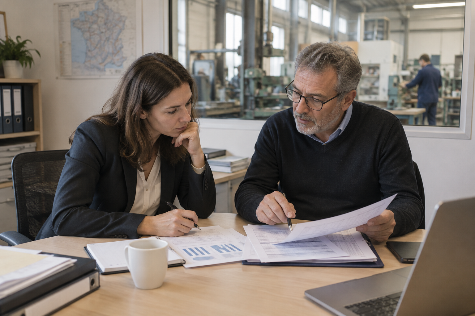 Une repreneuse et un expert-comptable examinent les documents d’une PME dans un bureau donnant sur un atelier.