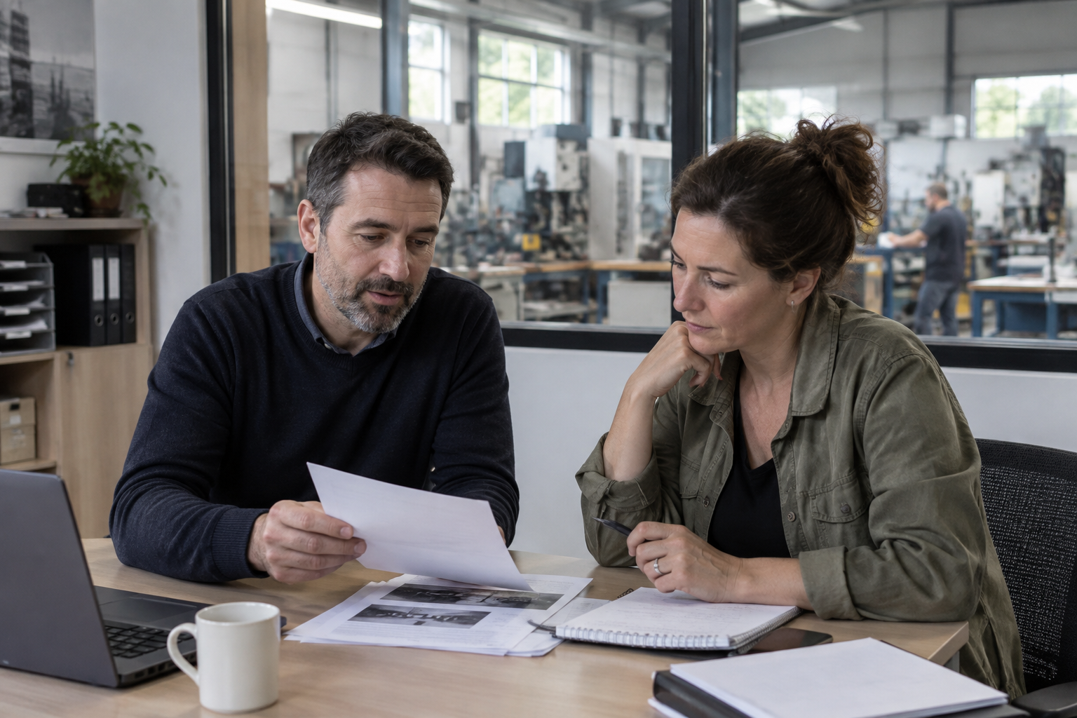 Deux dirigeants de PME examinent des documents dans un bureau donnant sur un atelier industriel, à la lumière naturelle.