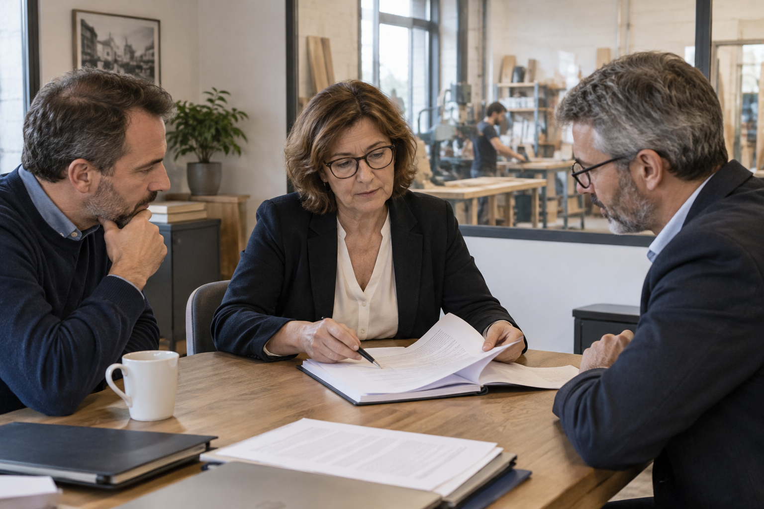 Une dirigeante de PME et deux associés examinent un dossier de cession de parts dans un bureau donnant sur un atelier.