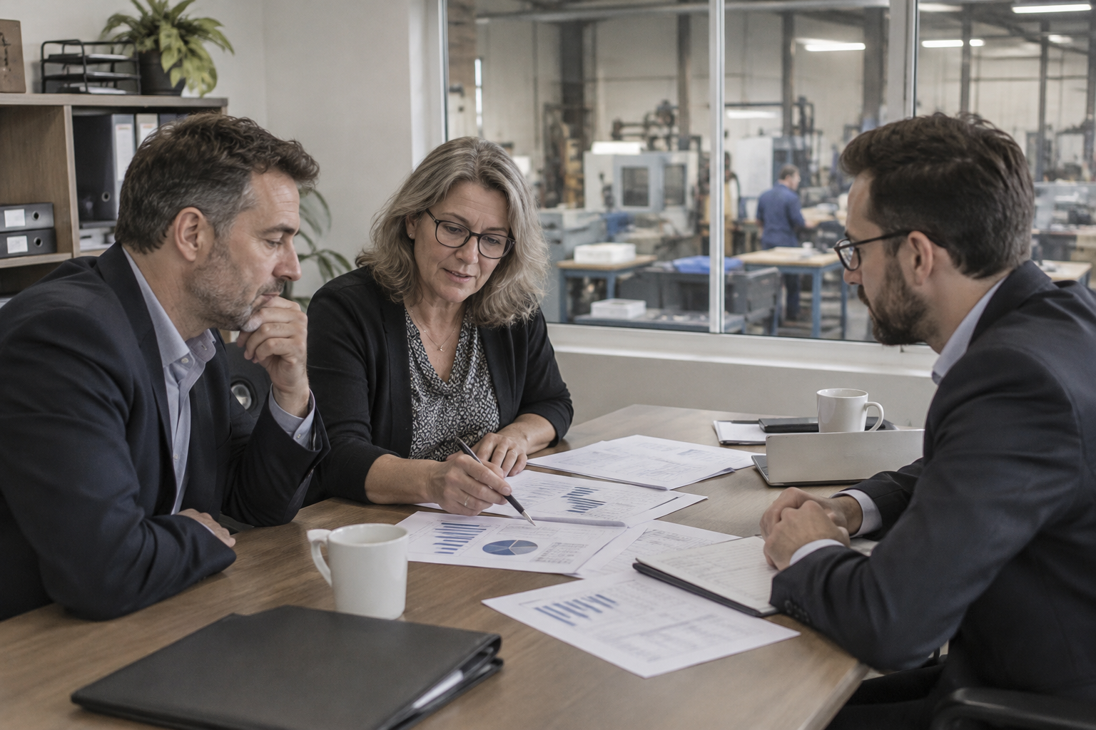 Une dirigeante de PME et un repreneur examinent des documents financiers avec leur conseil dans un bureau donnant sur un atelier.