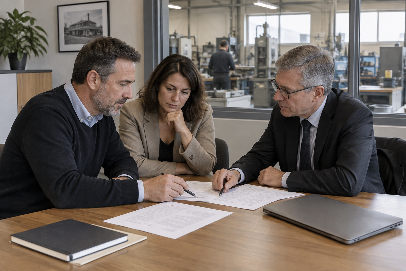 Une dirigeante de PME et un repreneur examinent un projet de lettre d’intention avec leur conseil dans un bureau donnant sur un atelier.