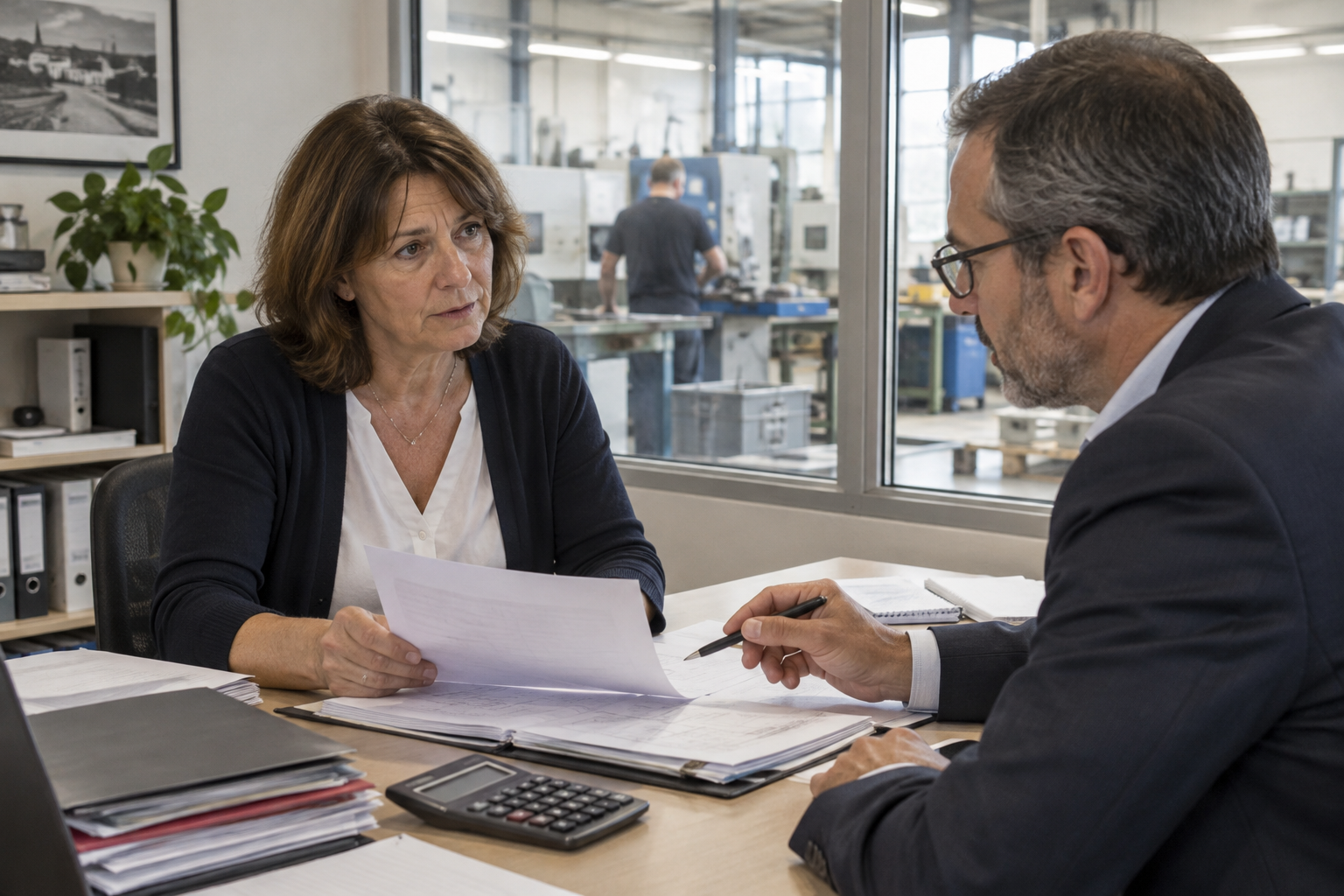 Dirigeante d’une PME française examinant des documents de cession avec son conseil dans un bureau donnant sur un atelier.